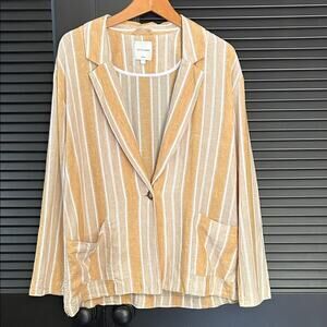Gentle Fawn Linen Blend Tan and White Striped Blazer, Size Large